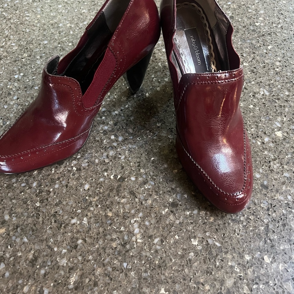 ruby & bloom Red Block Heels Classic Patent Pilgrim